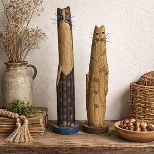 Hand Carved Wooden Cat Sculptures Set Folk Art 18" 16" Tall PAIR 2